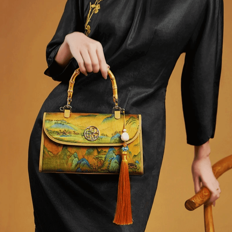 Chinese Painting Xiangyunsha Silk Bamboo Handle Barrel Handbag - SinoCultural -- P170079