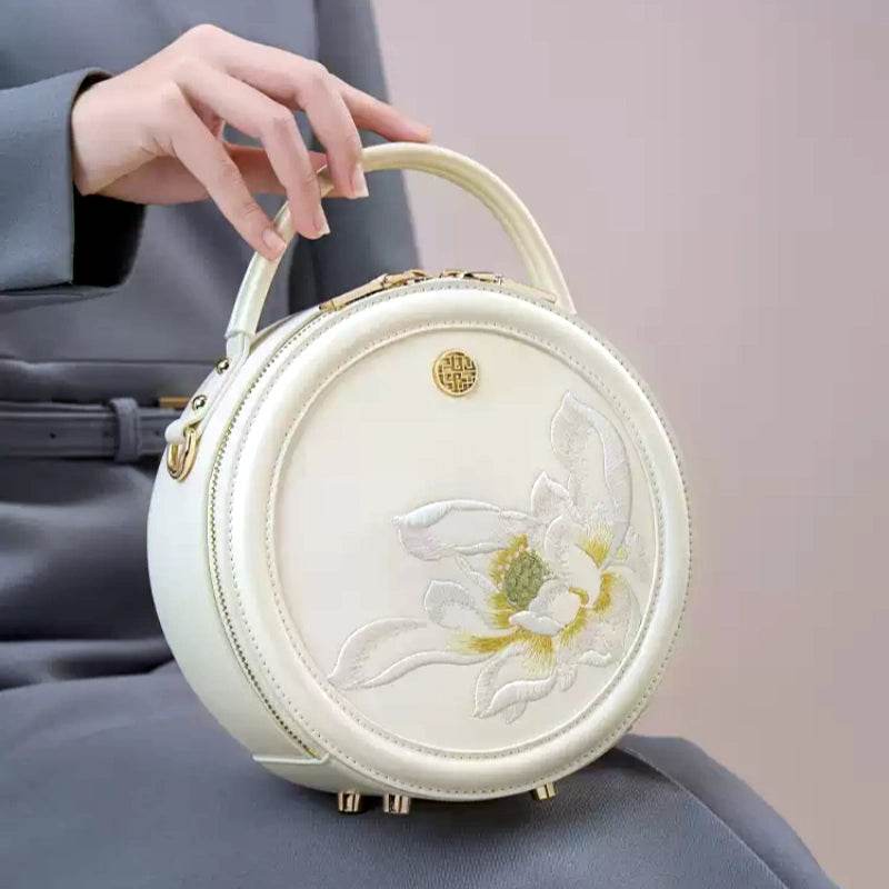 Embroidery Leather White Round Handbag Lotus - SinoCultural -- P120355 -