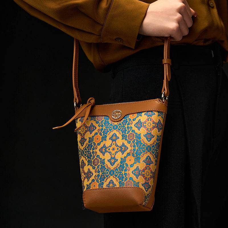 Song Brocade Leather Crossbody Mobile Phone Bag Four Harmonies and Ruyi Pattern - SinoCultural -- P220608