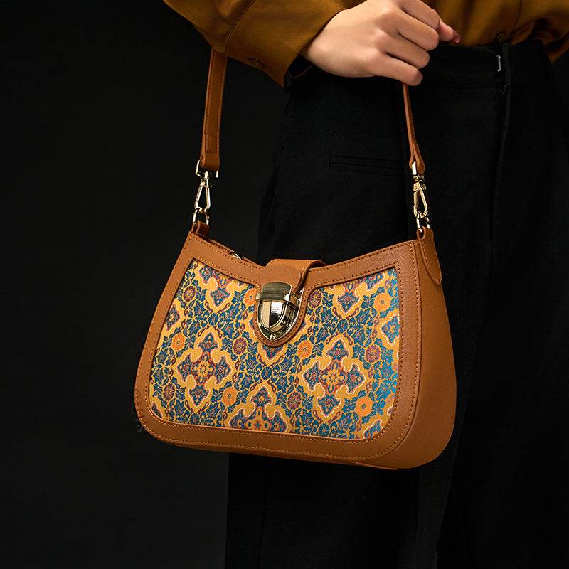 Song Brocade Leather Shoulder Underarm Bag Four Harmonies and Ruyi Pattern - SinoCultural -- P270038 -