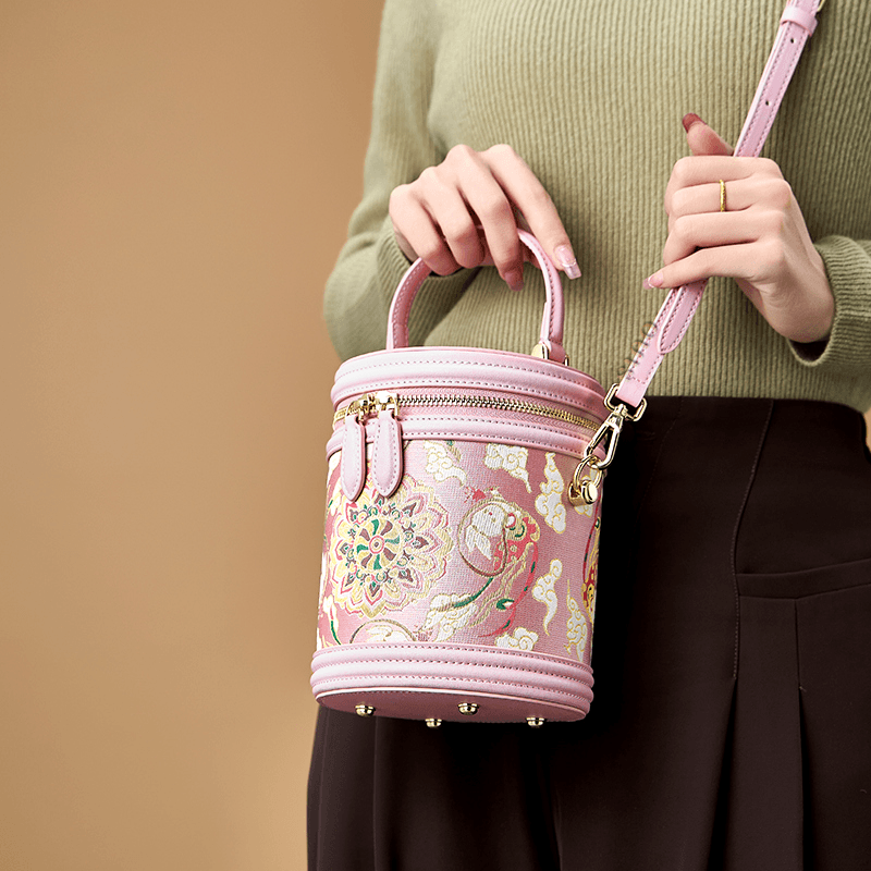 Song Brocade Powder Pink Bucket Bag Lotus & Lucky Rabbit Pattern - SinoCultural -- P12065102