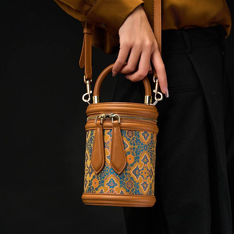 Song Brocade Vintage Bucket Bag Crossbody Bag Four Harmonies and Ruyi Pattern - SinoCultural -- P110179