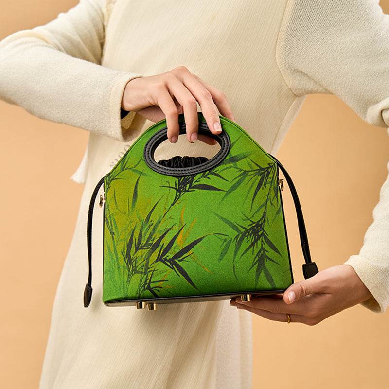 Xiangyunsha Silk Bamboo Green Drawstring Bucket Bag - SinoCultural -- YS120670-2 -