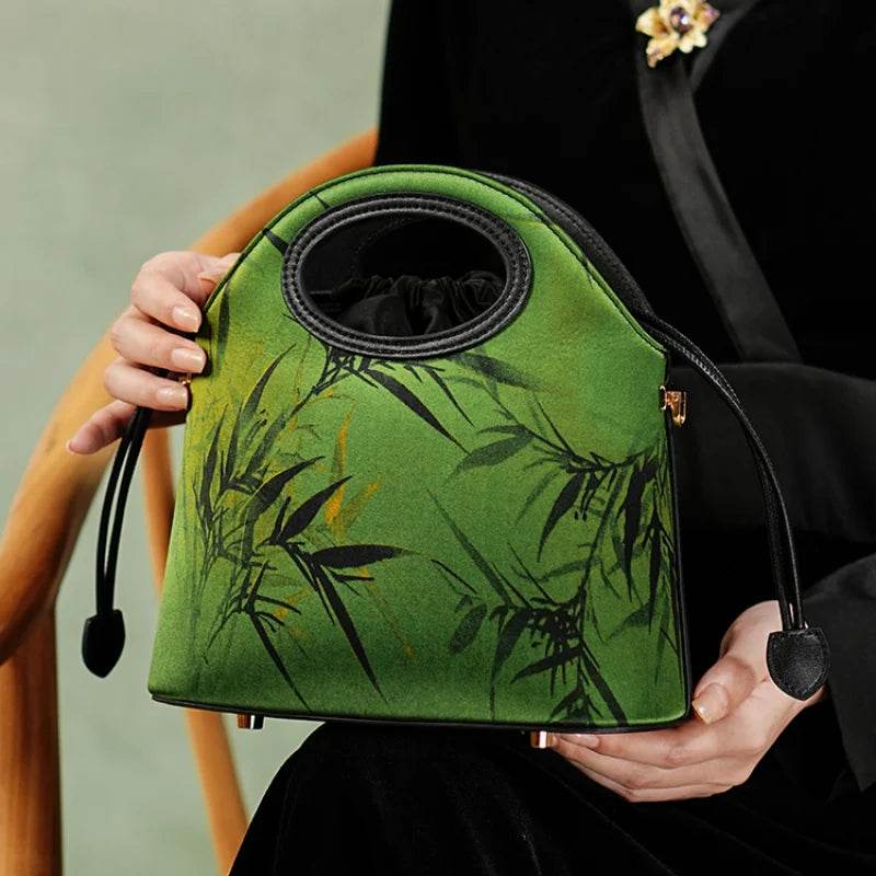 Xiangyunsha Silk Bamboo Green Drawstring Bucket Bag - SinoCultural -- YS120670-2 -
