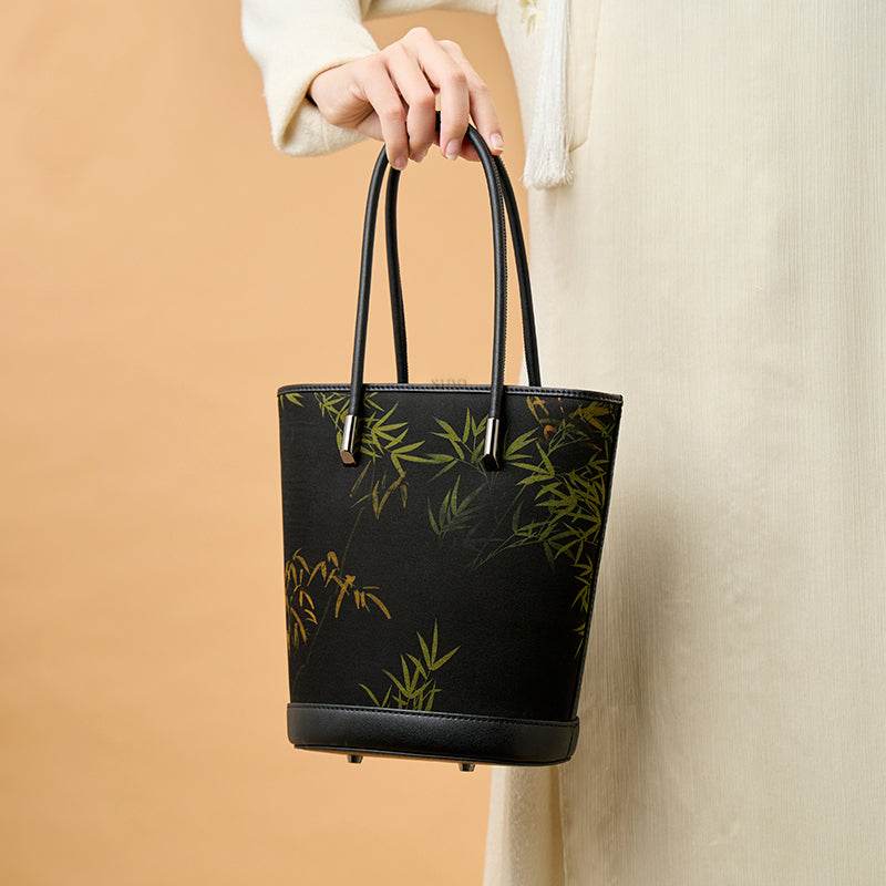 Xiangyunsha Silk Black Bamboo Print Crossbody Bucket Bag - SinoCultural -- P110608 -