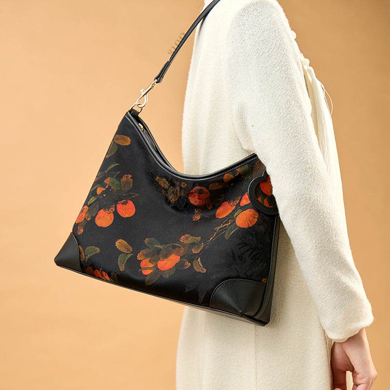 Xiangyunsha Silk Leather Printed Persimmon Shoulder Bag - SinoCultural -- YS220679