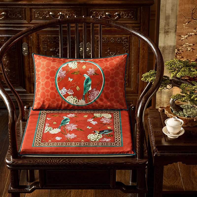 Chinoiserie Palace Red Glaze Festive Wooden Chair Cushion - SinoCultural -- SC008A38 -