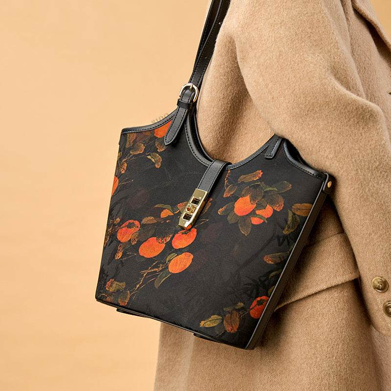 Xiangyunsha Silk Leather Printed Persimmon Bucket Bag - SinoCultural -- YS120762