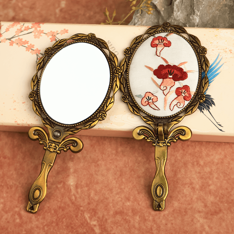 Limited Edition Hand Embroidery Handheld Makeup Beauty Metal Mirror - SinoCultural -- MIR027