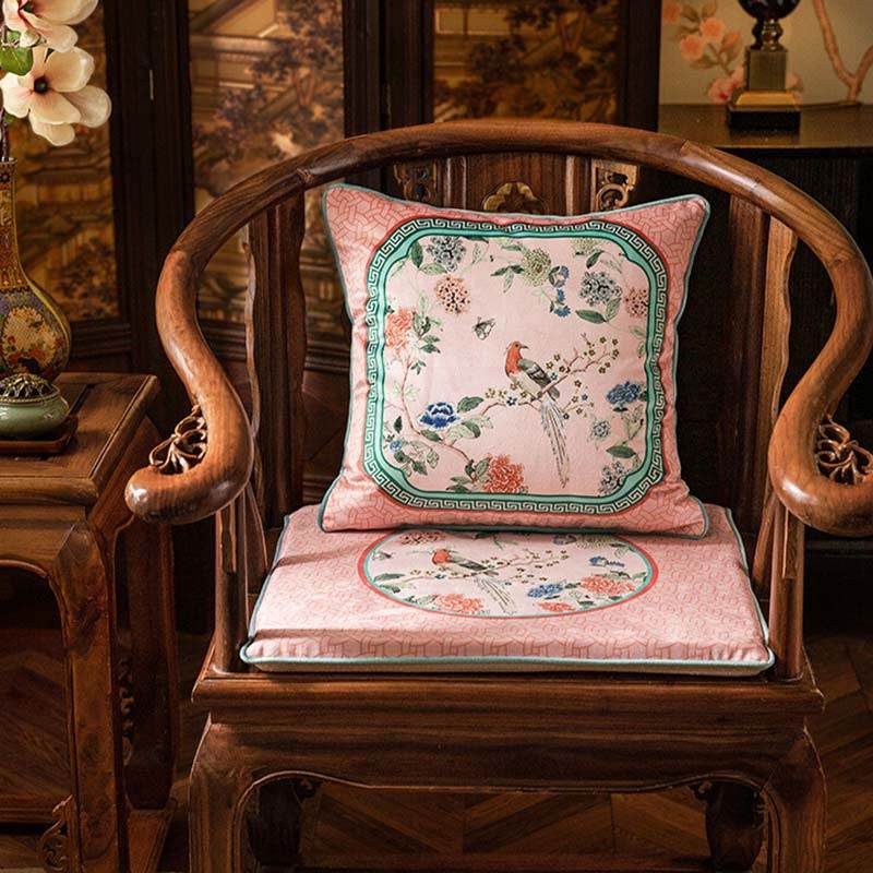 Chinoiserie Spring Powder Pink High-end Wooden Chair Cushion - SinoCultural -- SC005A38 -