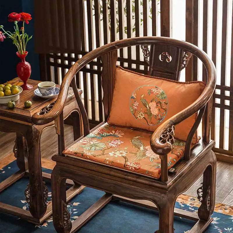 Chinoiserie Mountain Hydrangea Short Plush Wooden Chair Cushion - SinoCultural -- SC003A38 -