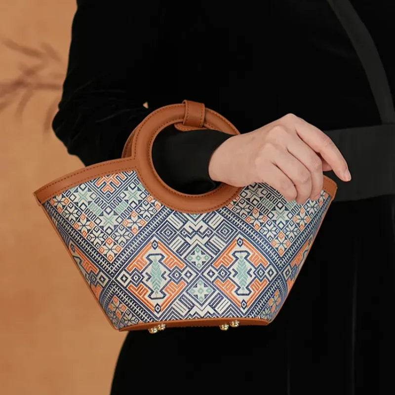 Zhuang Brocade Handicraft Unique Crossbody Basket Bag - SinoCultural -- FJ120001-2
