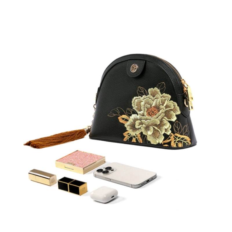 Embroidery Leather Shoulder Bag High Luxury Royal Gold Peony - SinoCultural -- P210079 -