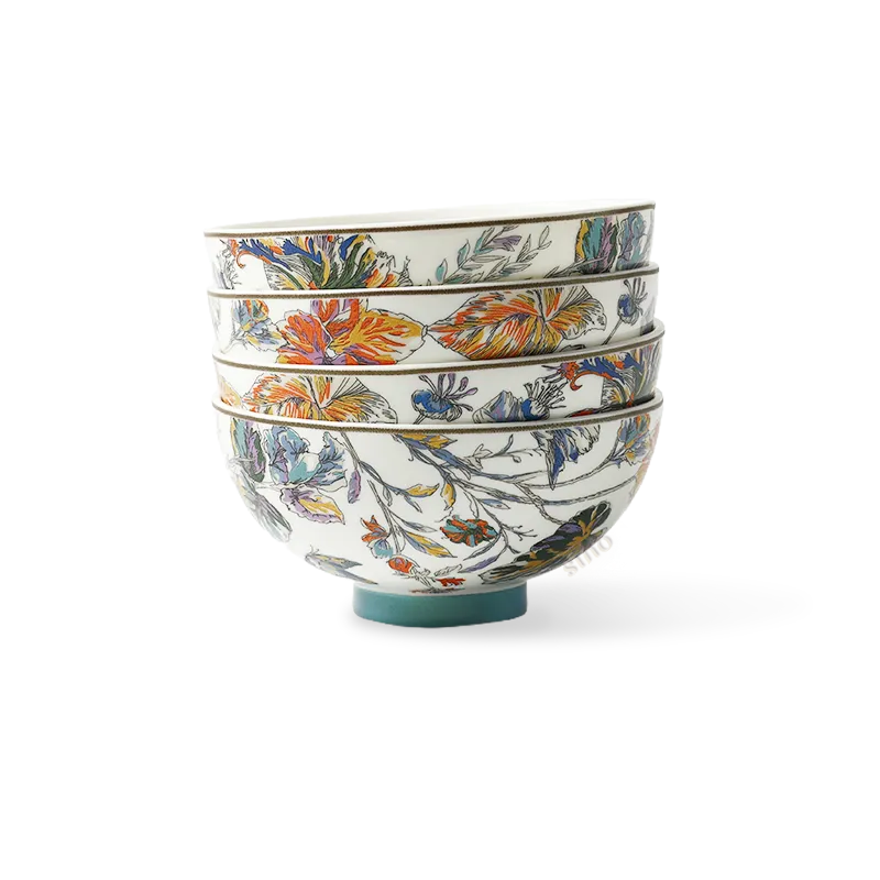 Four Chinoiserie bone china footed bowls stacked together with butterfly and floral design.