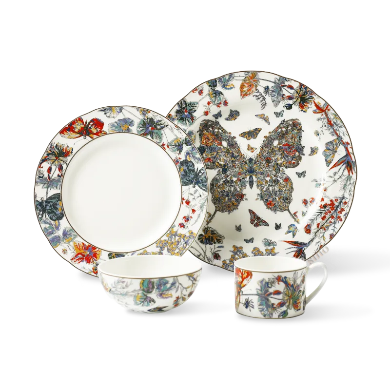 4-piece Chinoiserie bone china dining set: 2 plate,1 bowl,1 cup.