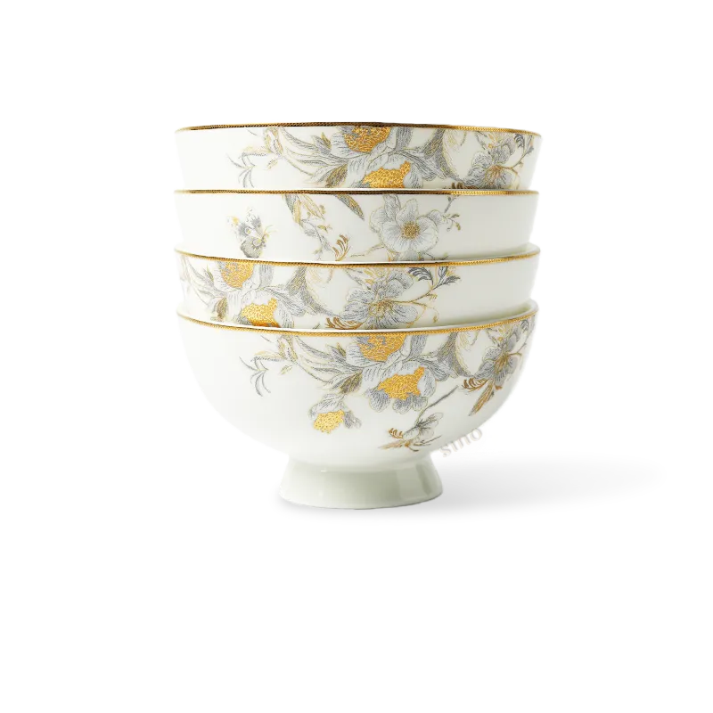 Four stacked 4.7’’ chinoiserie bone china footed bowls (peony & butterfly design, white background).