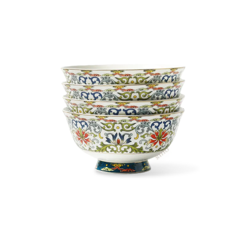 Stacked set of four 6-inch hand-painted chinoiserie bone china footed bowls on white background.