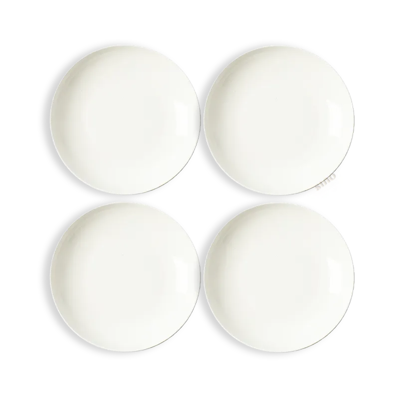 Four 8-inch hand-painted chinoiserie bone china soup plates arranged in two rows on white background.