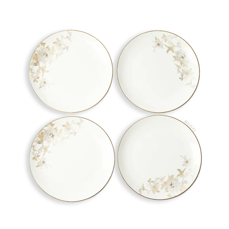 Four 8-inch Chinoiserie Bone China Platters with Peony & Butterfly Design, arranged on white background.