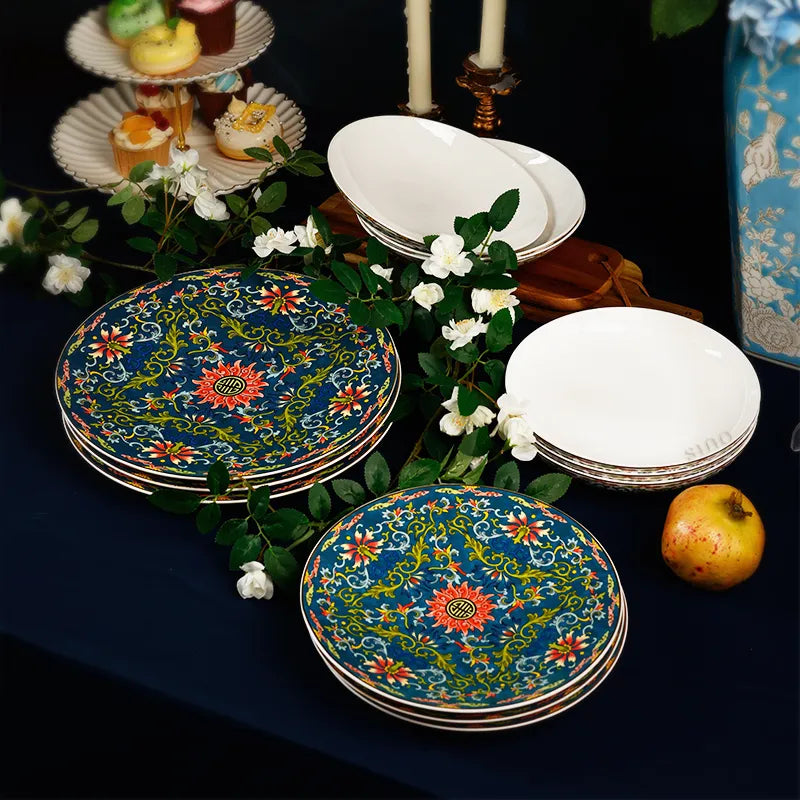 Four bone china stacks: 11" plate, 9" plate, soup plate, shallow bowl in corner arrangement.
