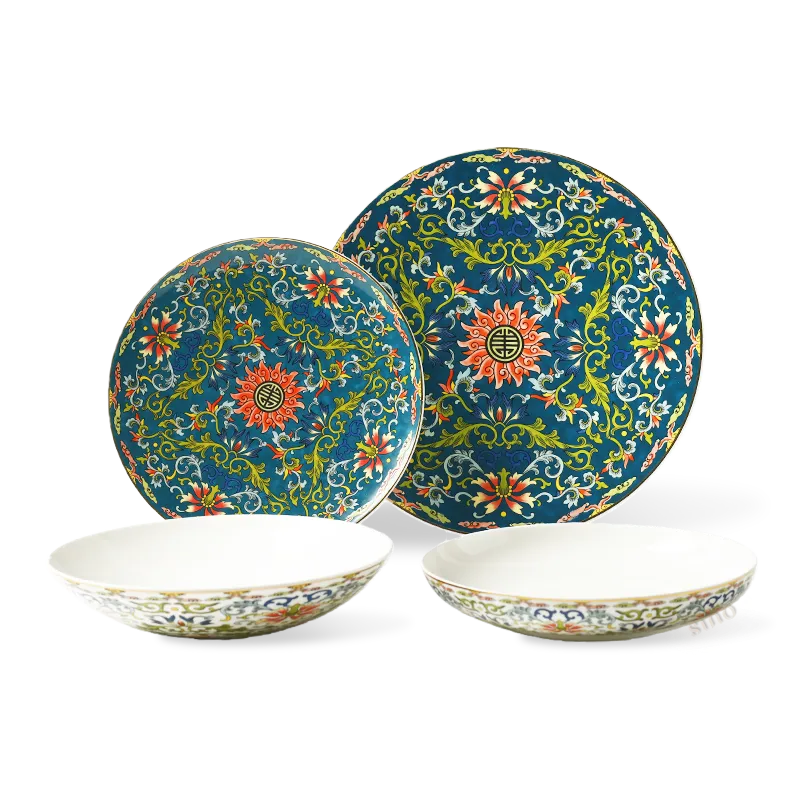 4-piece Chinoiserie bone china dinnerware set on white background.
