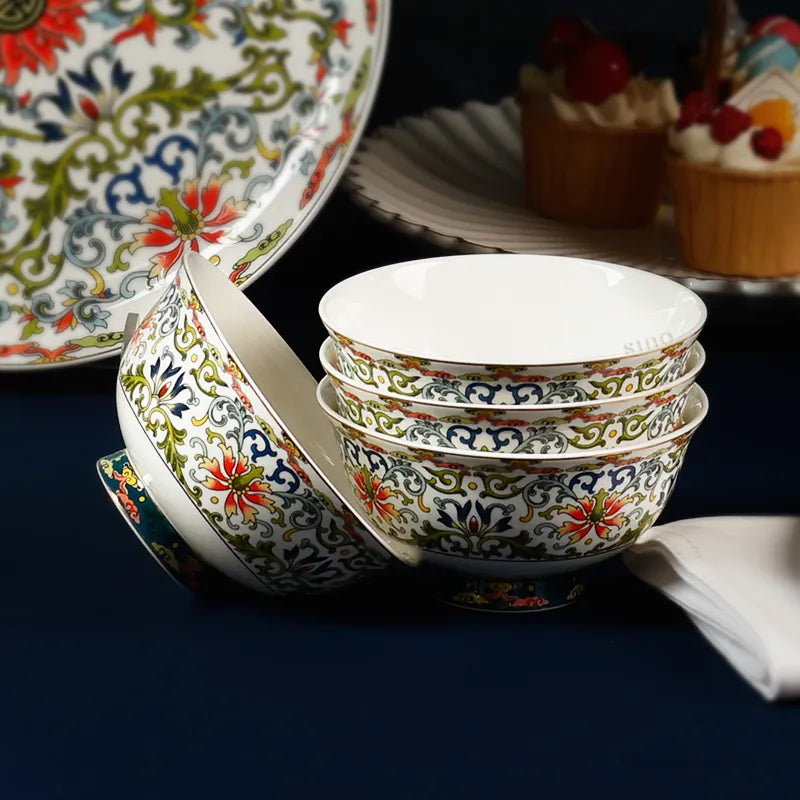 Stacked bowls with side-leaning bowl and matching plate background.