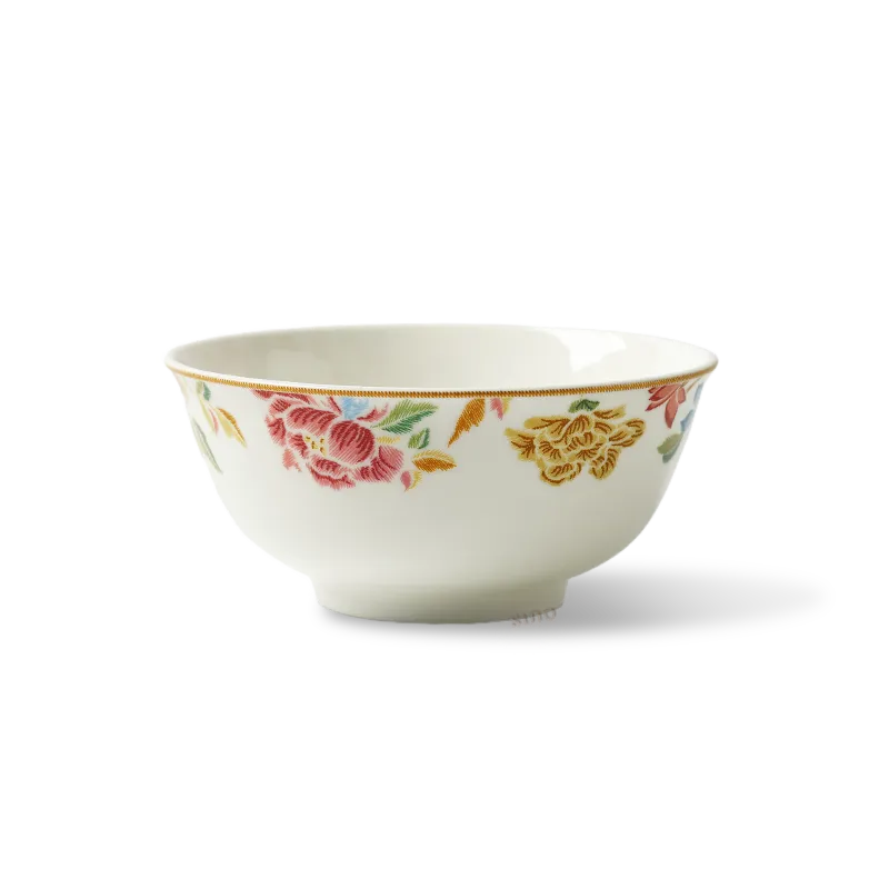 4.75 inch Chinoiserie bone china bowl with floral design, front view.