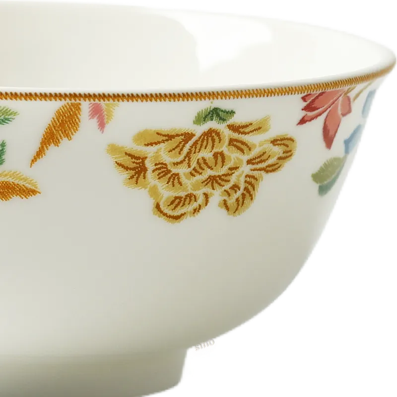 Left side floral detail of Chinoiserie bone china bowl.