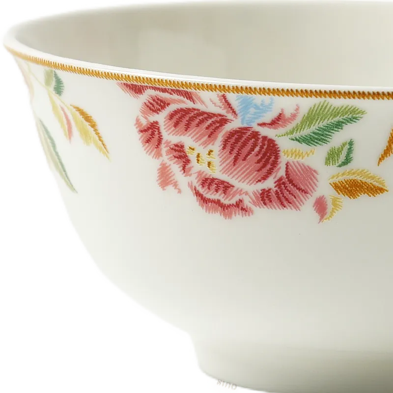 Right side floral detail of Chinoiserie bone china bowl.