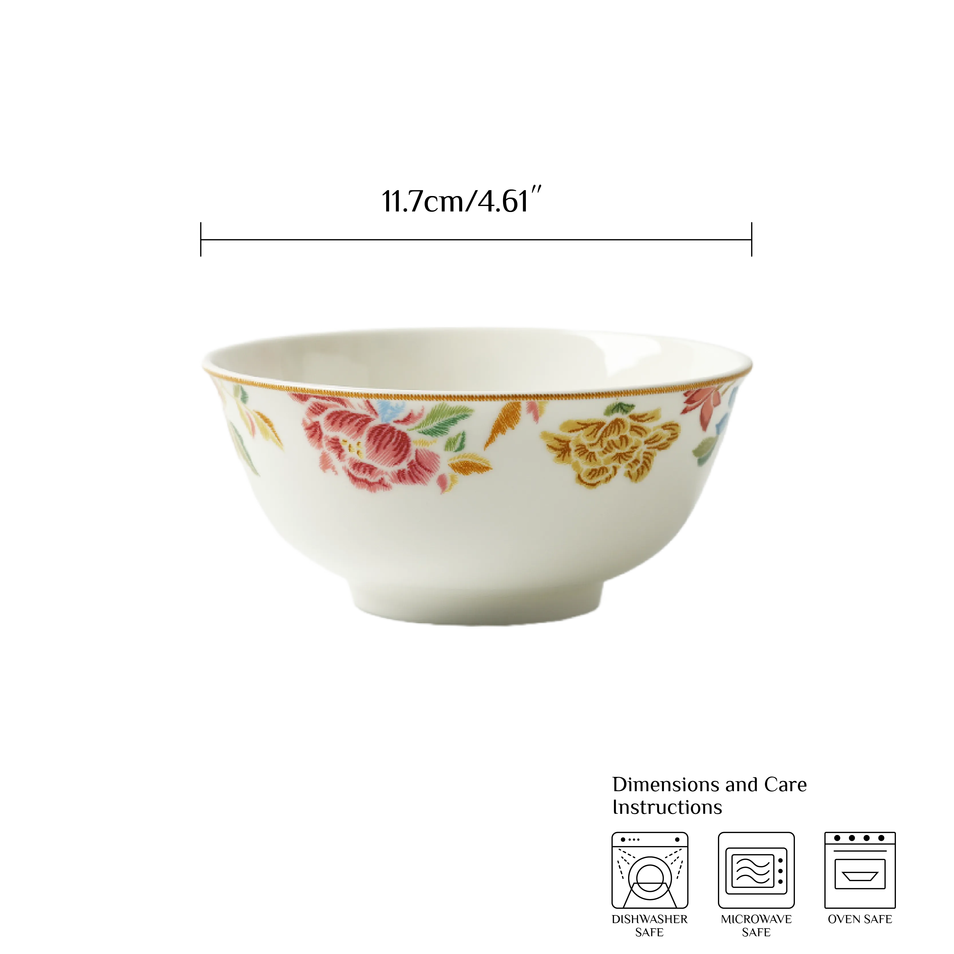 4.75 inch Chinoiserie bowl with size guide, 11.7 cm diameter.