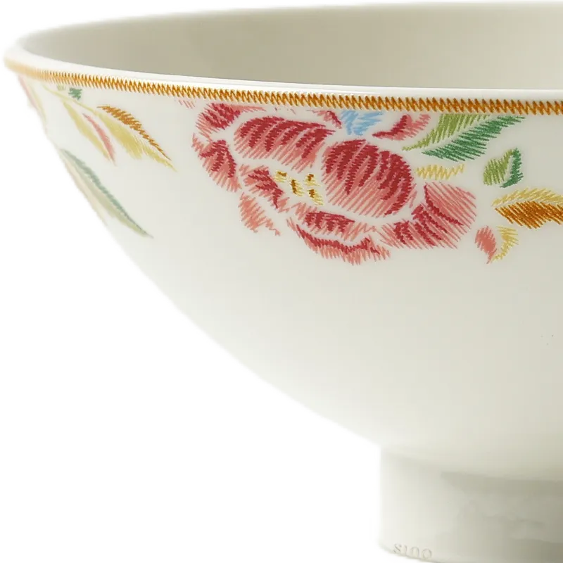 Right side floral detail of Chinoiserie footed bowl.