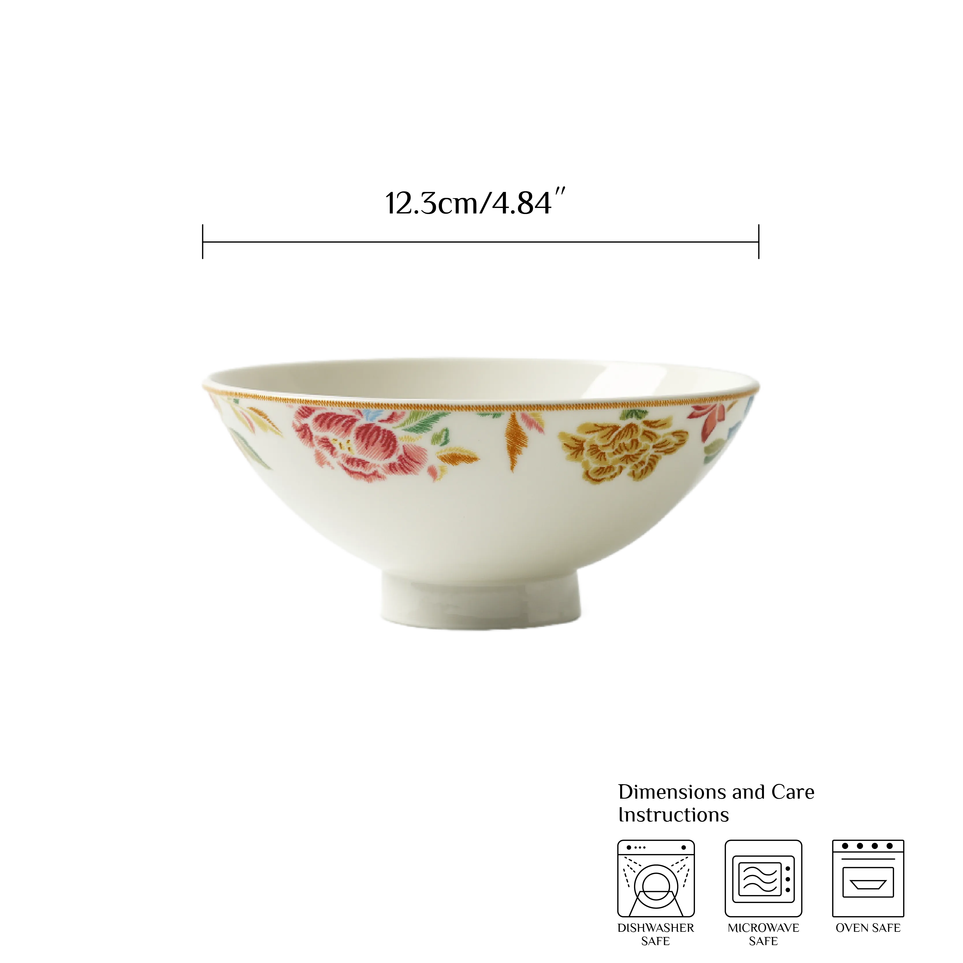 4.75 inch Chinoiserie footed bowl with size guide, 12.3 cm diameter.