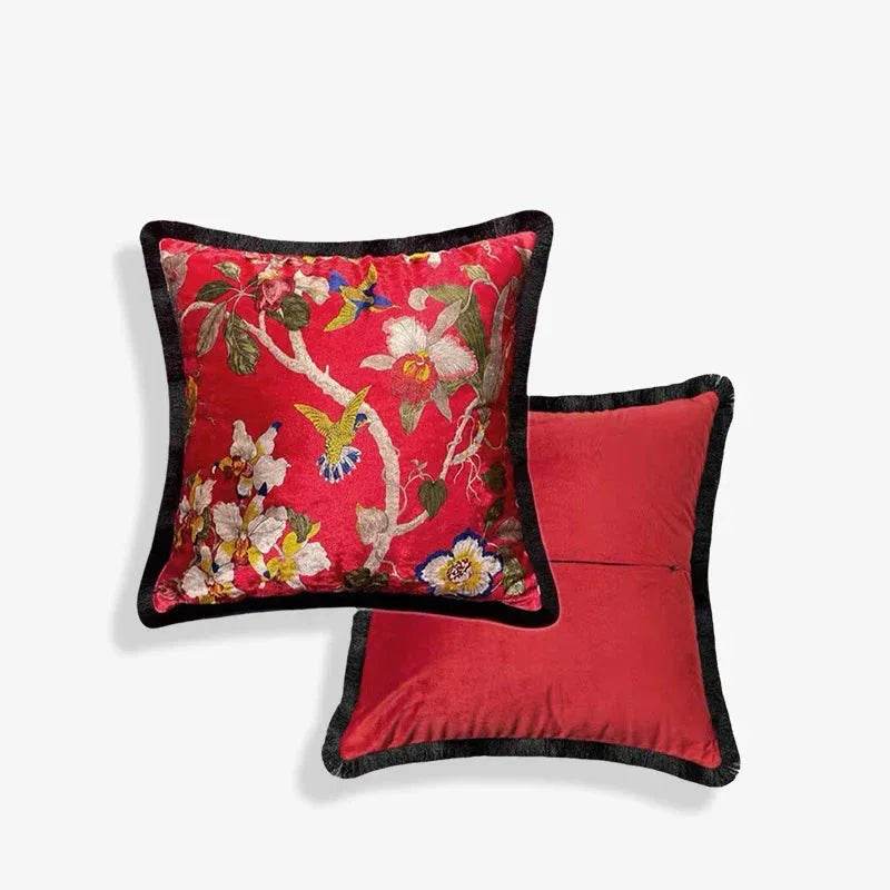 Chinoiserie Vintage Velvet Throw Pillow Floral and Botanical - SinoCultural -- SJZBZ006B01 -