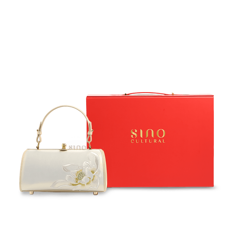 Embroidery Leather White Shoulder Bag Lotus Elegant Handbag - SinoCultural -- P120312 -
