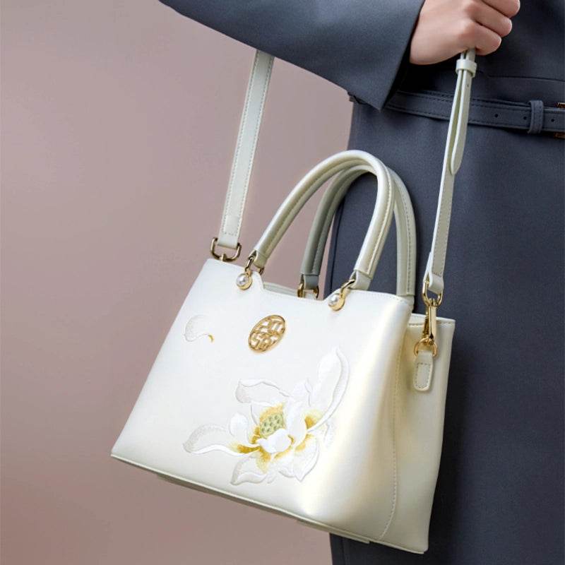 Embroidery Leather White Crossbody Tote Bag Lotus Luxury Gift - SinoCultural -- P120279 -