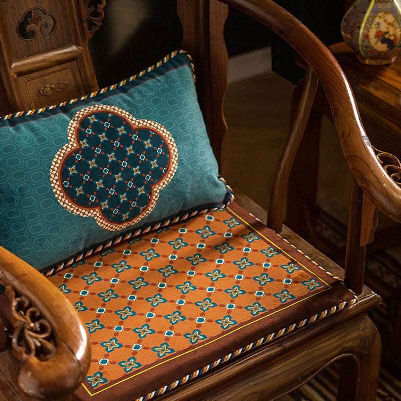 Chinoiserie Blue-Orange Classic Short Plush Chair Cushion - SinoCultural -- SC006A38 -