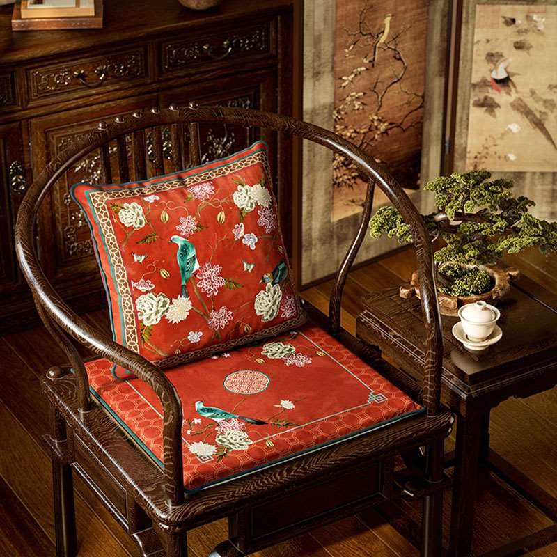 Chinoiserie Palace Red Glaze Festive Wooden Chair Cushion - SinoCultural -- SC008A38 -