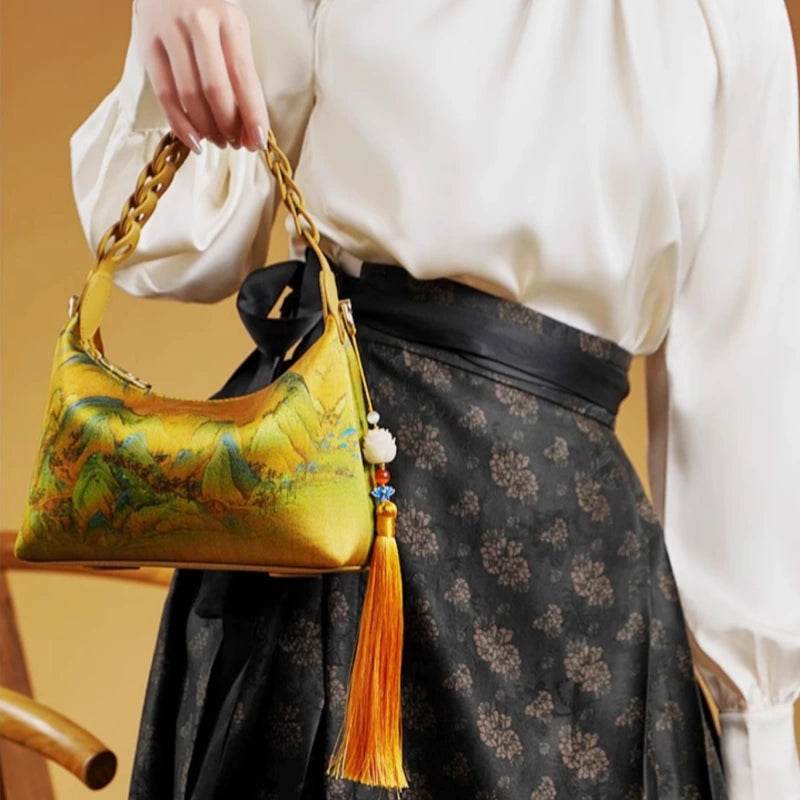 Chinese Painting Xiangyunsha Silk Shoulder Bag Designer Handbag - SinoCultural -- P170083 -