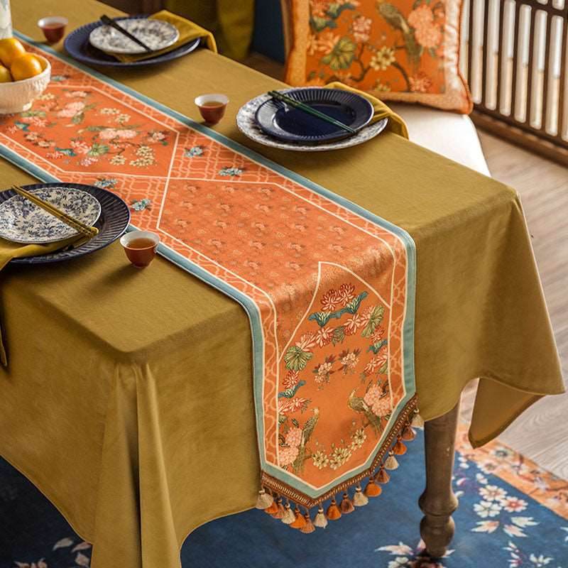 Chinoiserie Orange Mountain Hydrangea Table Runner - SinoCultural -- TR005Y160 -