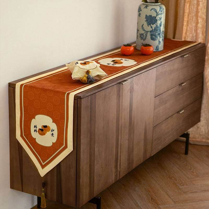 Chinoiserie Orange Table Runner Persimmons Blessings - SinoCultural -- TR007A160