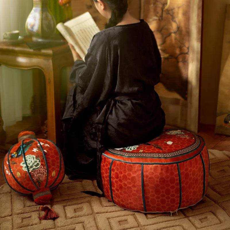 Chinoiserie Plush Joyful Red Sofa Ottoman Pouf - SinoCultural -- B48J0009-C
