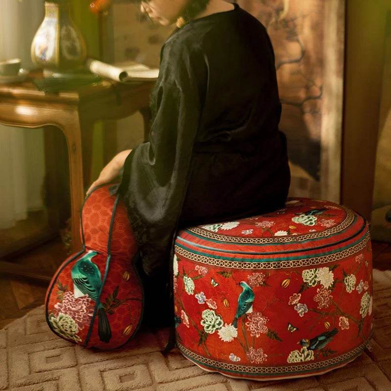 Chinoiserie Plush Joyful Red Sofa Ottoman Pouf - SinoCultural -- B48J0010-C