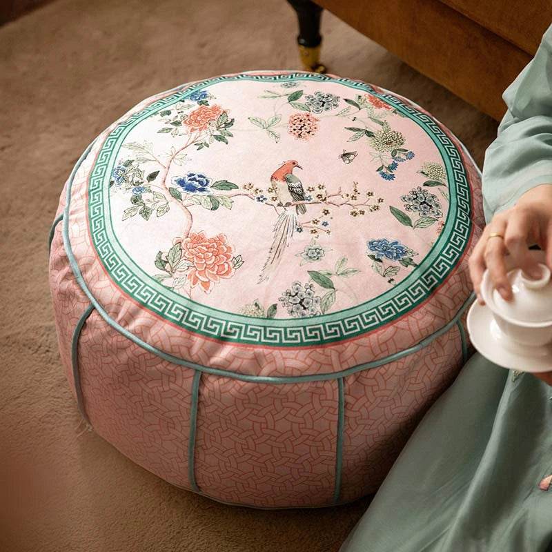 Chinoiserie Plush Powder Pink Flower Living Room Rest Pouf - SinoCultural -- B48J0015-C