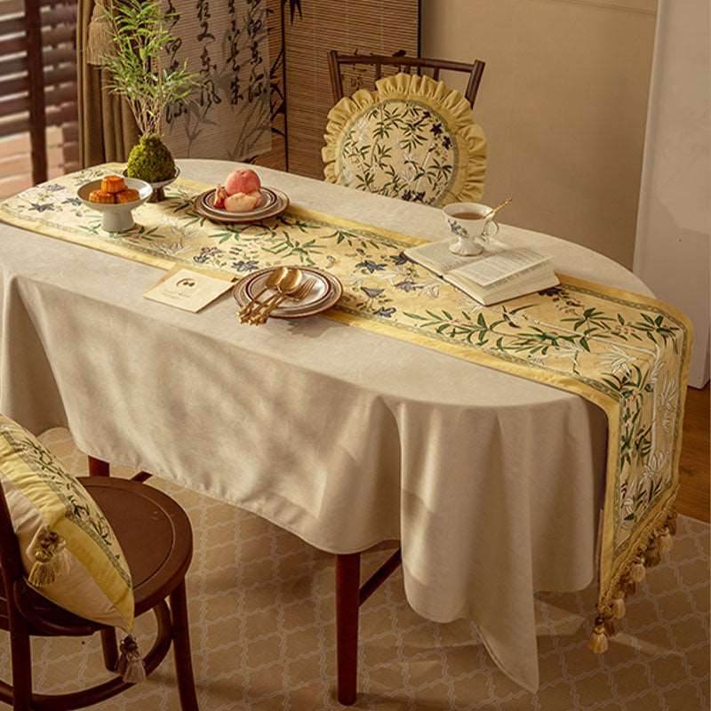 Chinoiserie Traditional Autumn Orchids Yellow Table Runner - SinoCultural -- TR013Y160