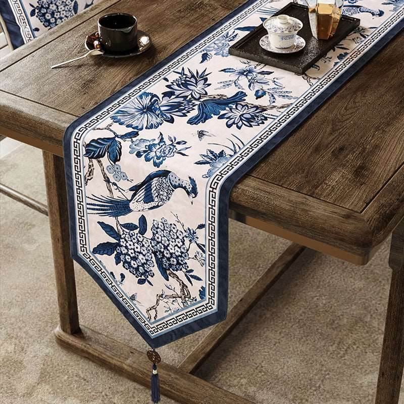 Chinoiserie Traditional Blue and White Long Table Runner - SinoCultural -- TR006BW160 -