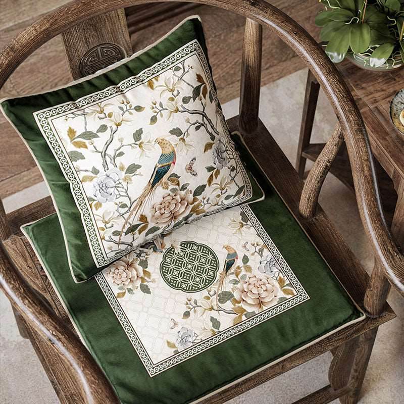 Chinoiserie Warm Spring Dark Green Flower and Birds Chair Cushion - SinoCultural -- SC012A38 -