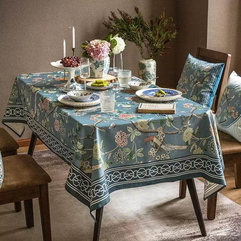 Chinoiserie Vintage Flowers and Birds Blue Tablecloth - SinoCultural -- TC008B85