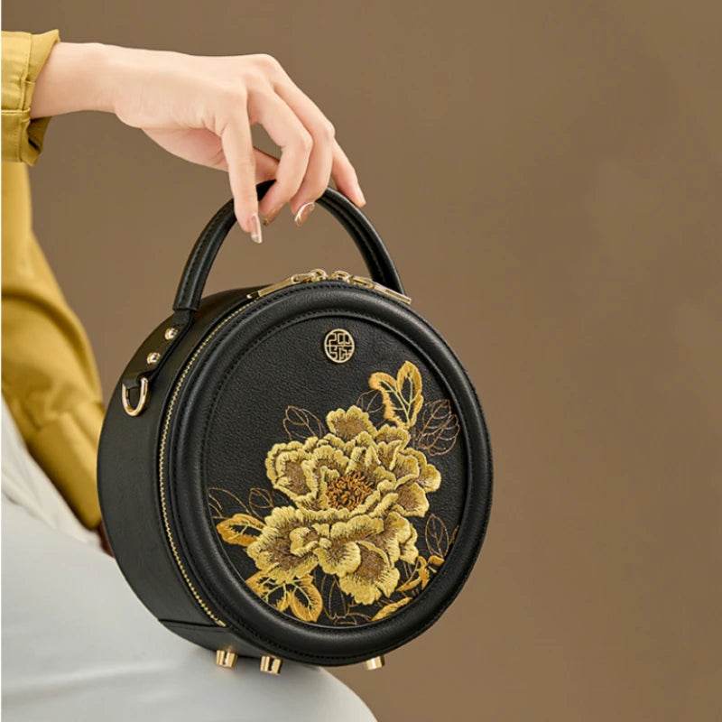 Embroidery Leather Round Handbag High Luxury Royal Gold Peony - SinoCultural -- P110171
