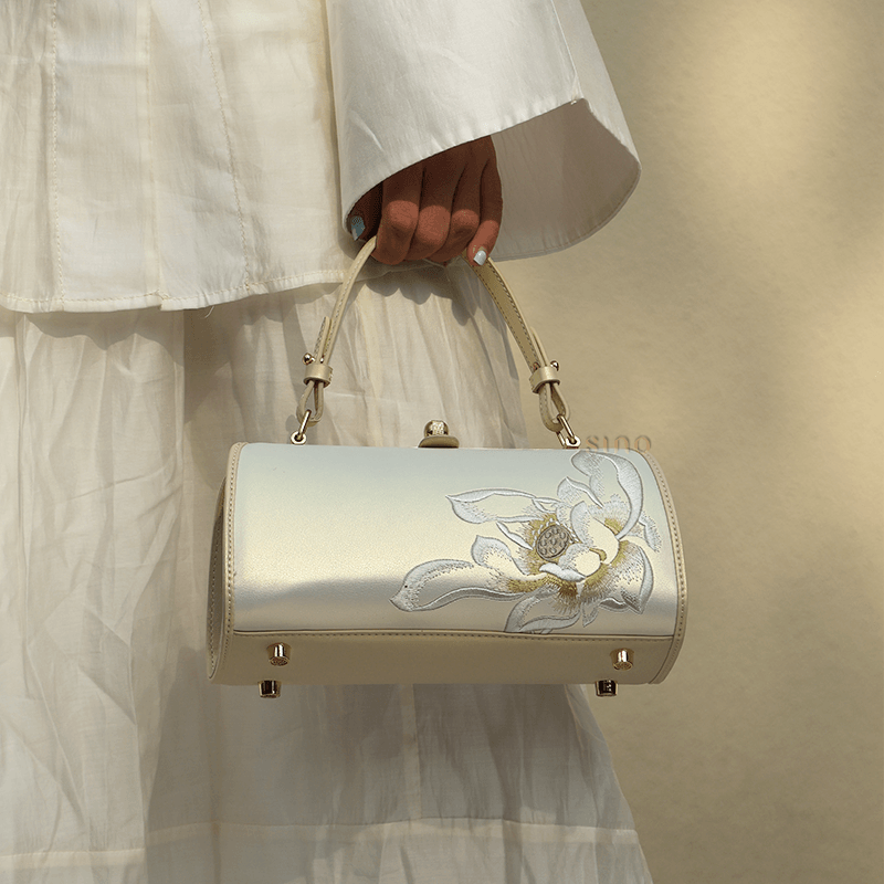 Embroidery Leather White Shoulder Bag Lotus Elegant Handbag - SinoCultural -- P120312 -