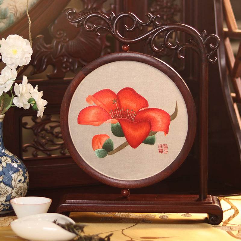 Handcrafted Embroidery Kapok Flower Tabletop Decoration for Living Room - SinoCultural -- JZSX002A06